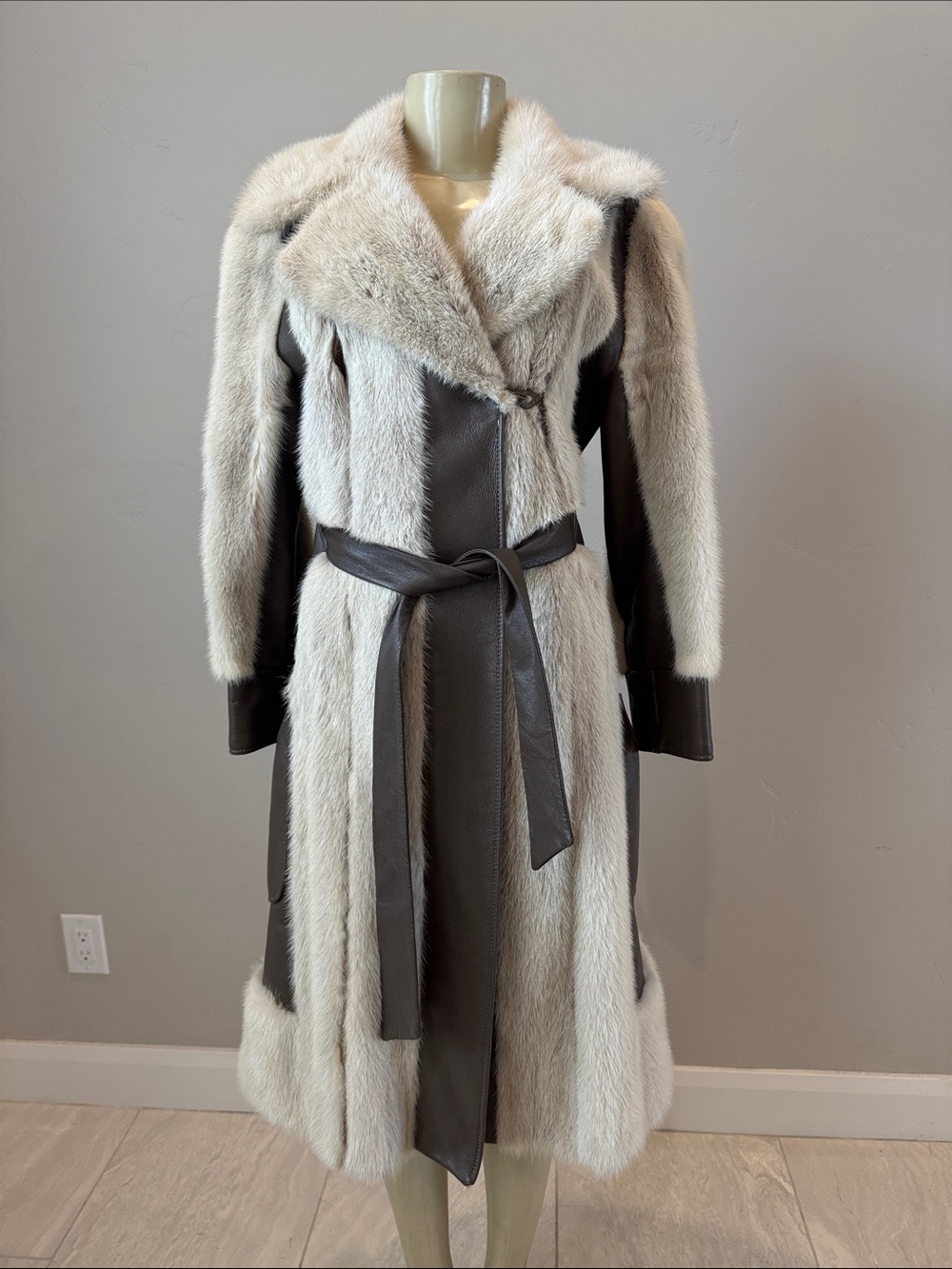 Women's Cream mink Fur & Brown Leather long trench Coat with Belt